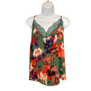 Women Cami Top XL Green Floral Lace Trim Adjustable Spaghetti Straps Cottagecore